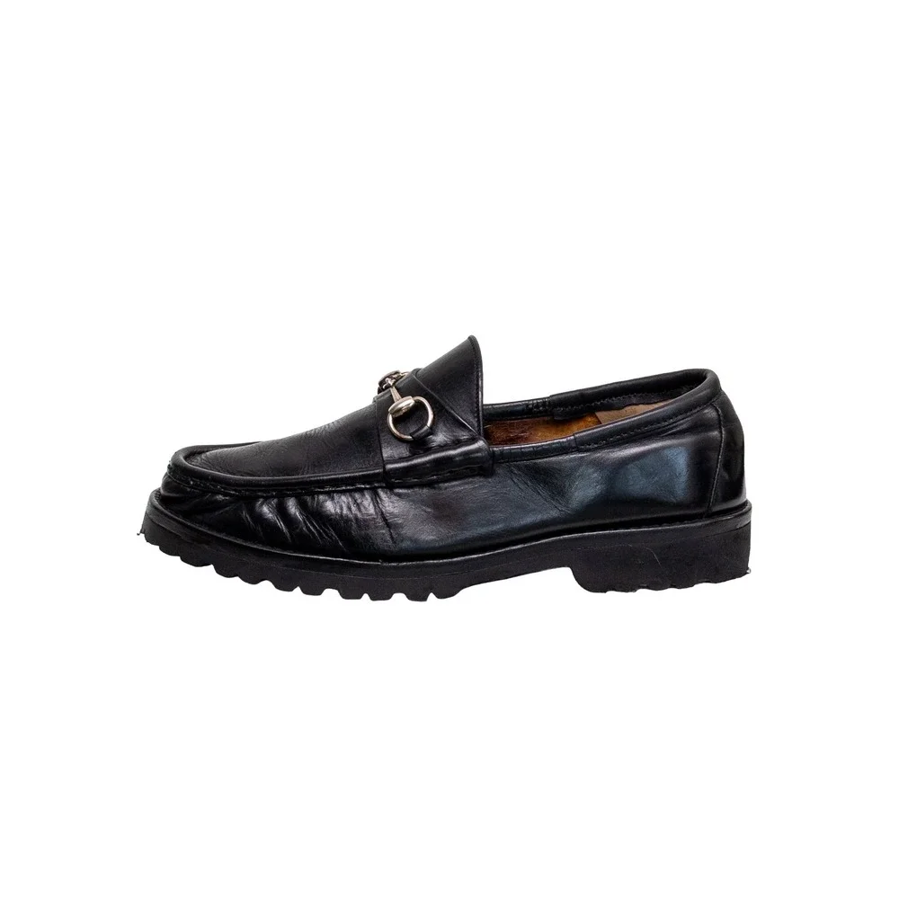Vintage Gucci Mens Black Leather Horsebit Loafers Vibram Lug Sole Men's Size 10